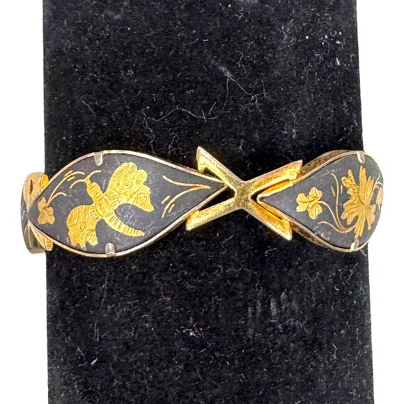 Vintage Damascene Floral Bracelet Gold Tone Inlay Elegant Metalwork Birds Spain - Picture 1 of 8